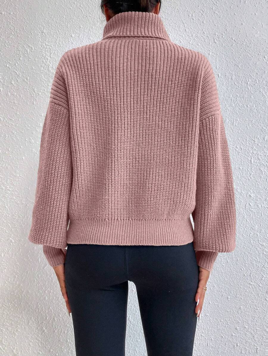Wilhelmina Rib Knit Turtleneck Drop Shoulder Pullover Sweater - Light Grey