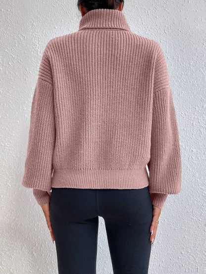 Wilhelmina Rib Knit Turtleneck Drop Shoulder Pullover Sweater - Light Grey