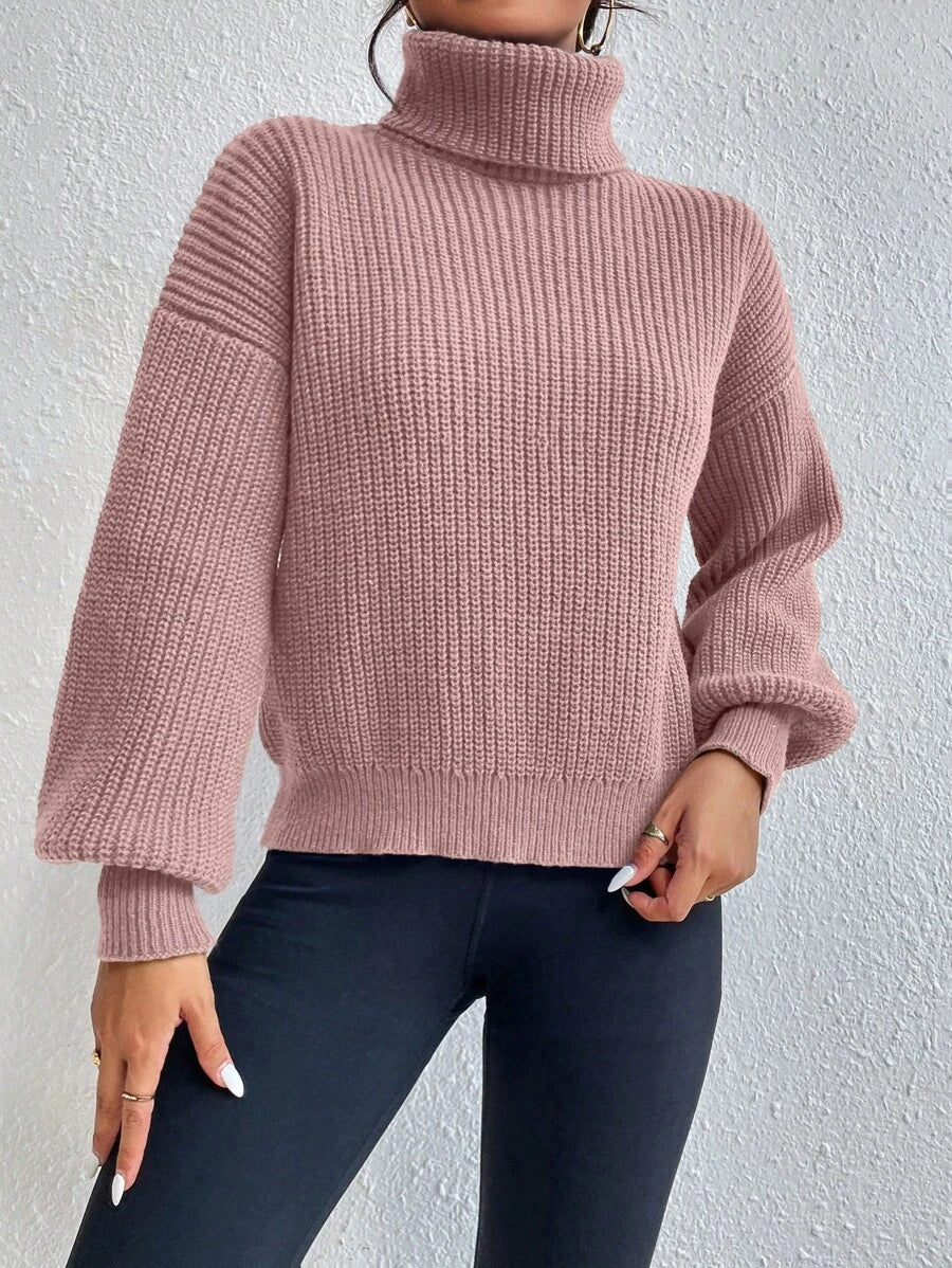 Wilhelmina Rib Knit Turtleneck Drop Shoulder Pullover Sweater - Dark Green