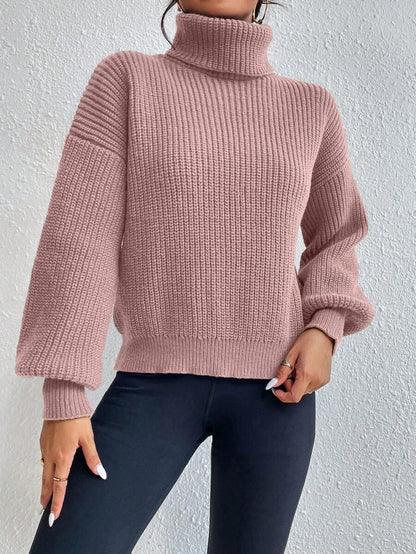Wilhelmina Rib Knit Turtleneck Drop Shoulder Pullover Sweater - Dark Green
