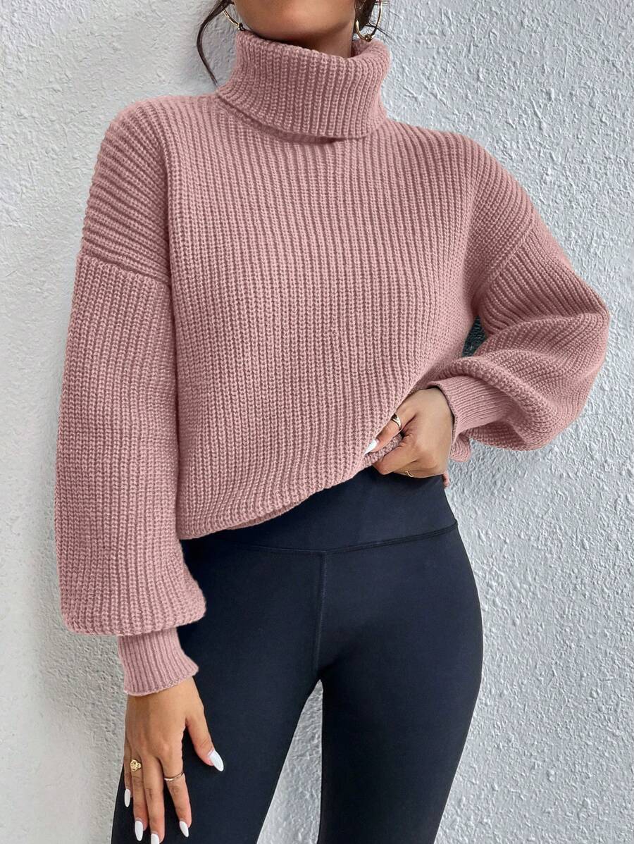 Wilhelmina Rib Knit Turtleneck Drop Shoulder Pullover Sweater - Rose Red