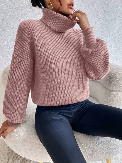 Wilhelmina Rib Knit Turtleneck Drop Shoulder Pullover Sweater - Baby Blue