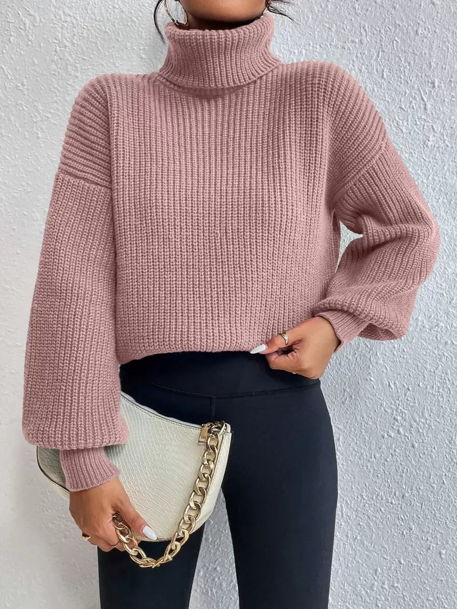 Wilhelmina Rib Knit Turtleneck Drop Shoulder Pullover Sweater - Redwood