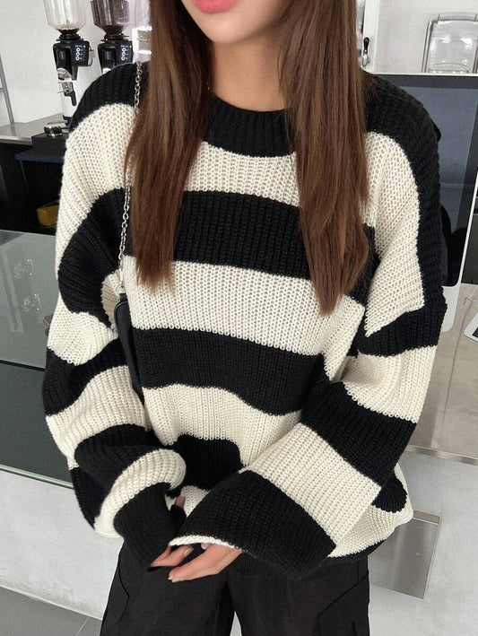 Zara Striped Loose Fit Crew Neck Sweater - Black and White