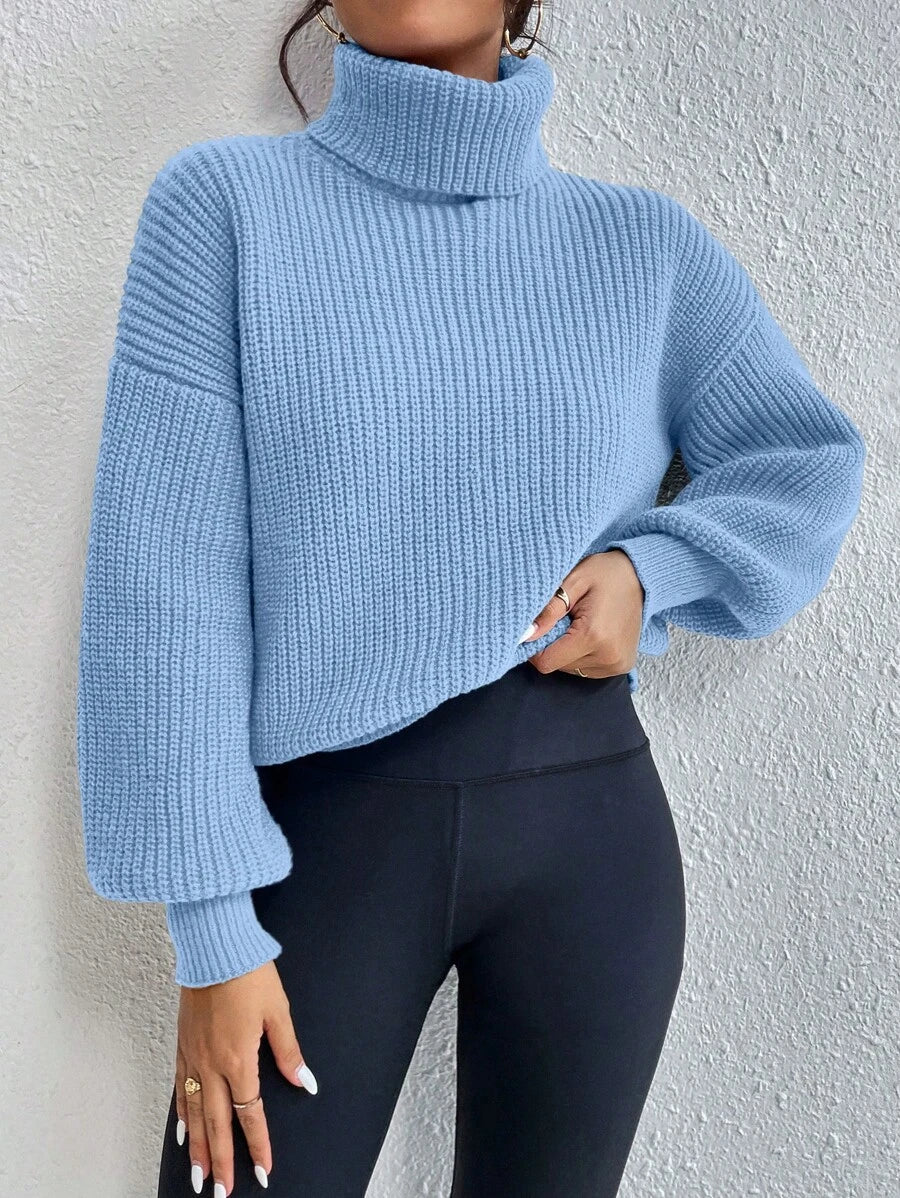 Wilhelmina Rib Knit Turtleneck Drop Shoulder Pullover Sweater - Baby Blue