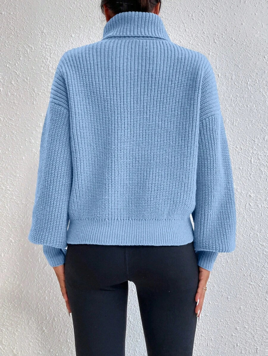 Wilhelmina Rib Knit Turtleneck Drop Shoulder Pullover Sweater - Coffee Brown