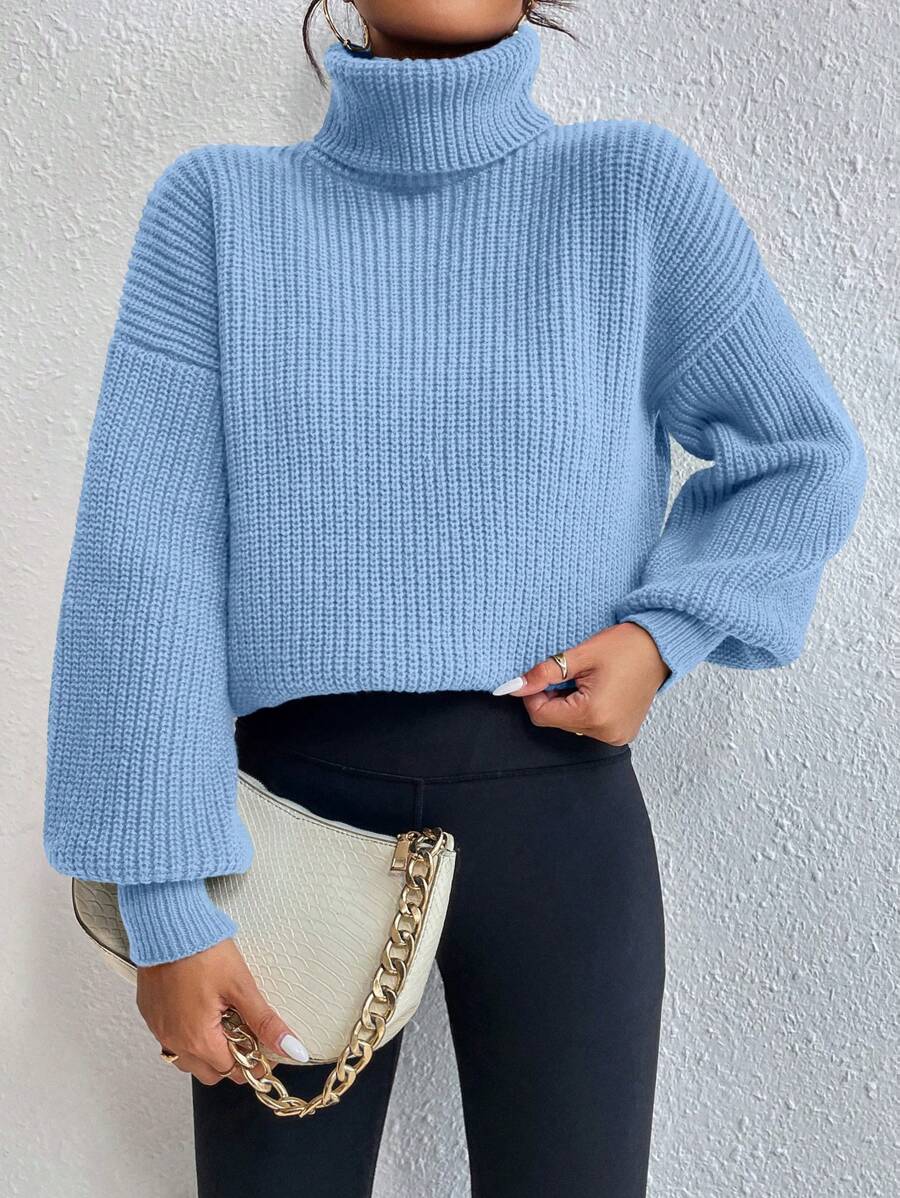 Wilhelmina Rib Knit Turtleneck Drop Shoulder Pullover Sweater - Baby Pink