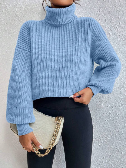 Wilhelmina Rib Knit Turtleneck Drop Shoulder Pullover Sweater - Baby Pink