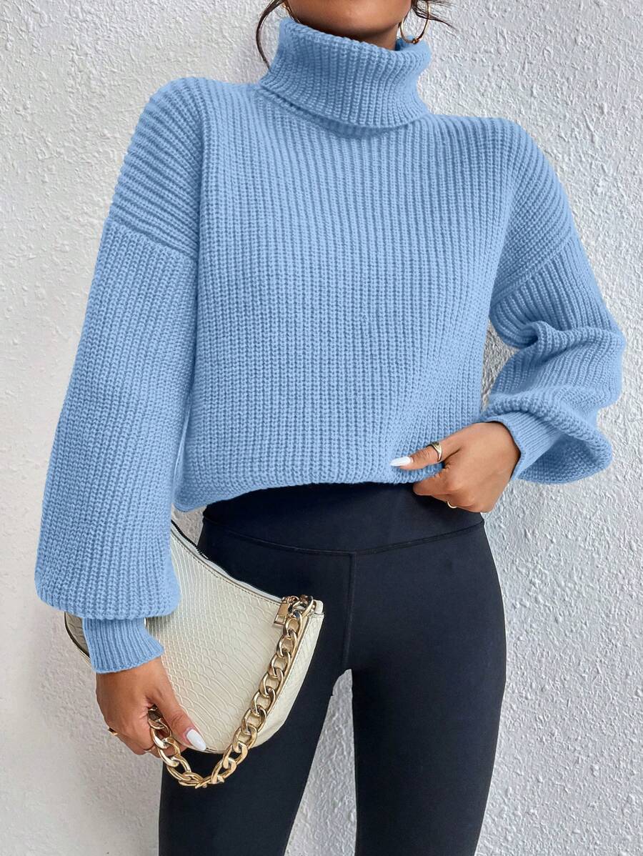 Wilhelmina Rib Knit Turtleneck Drop Shoulder Pullover Sweater - Red Violet