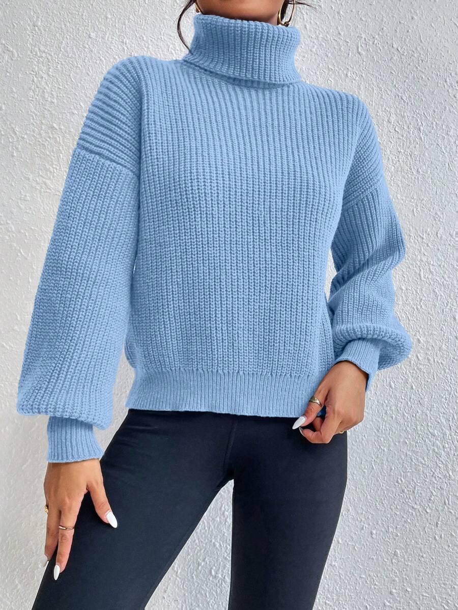 Wilhelmina Rib Knit Turtleneck Drop Shoulder Pullover Sweater - Navy Blue