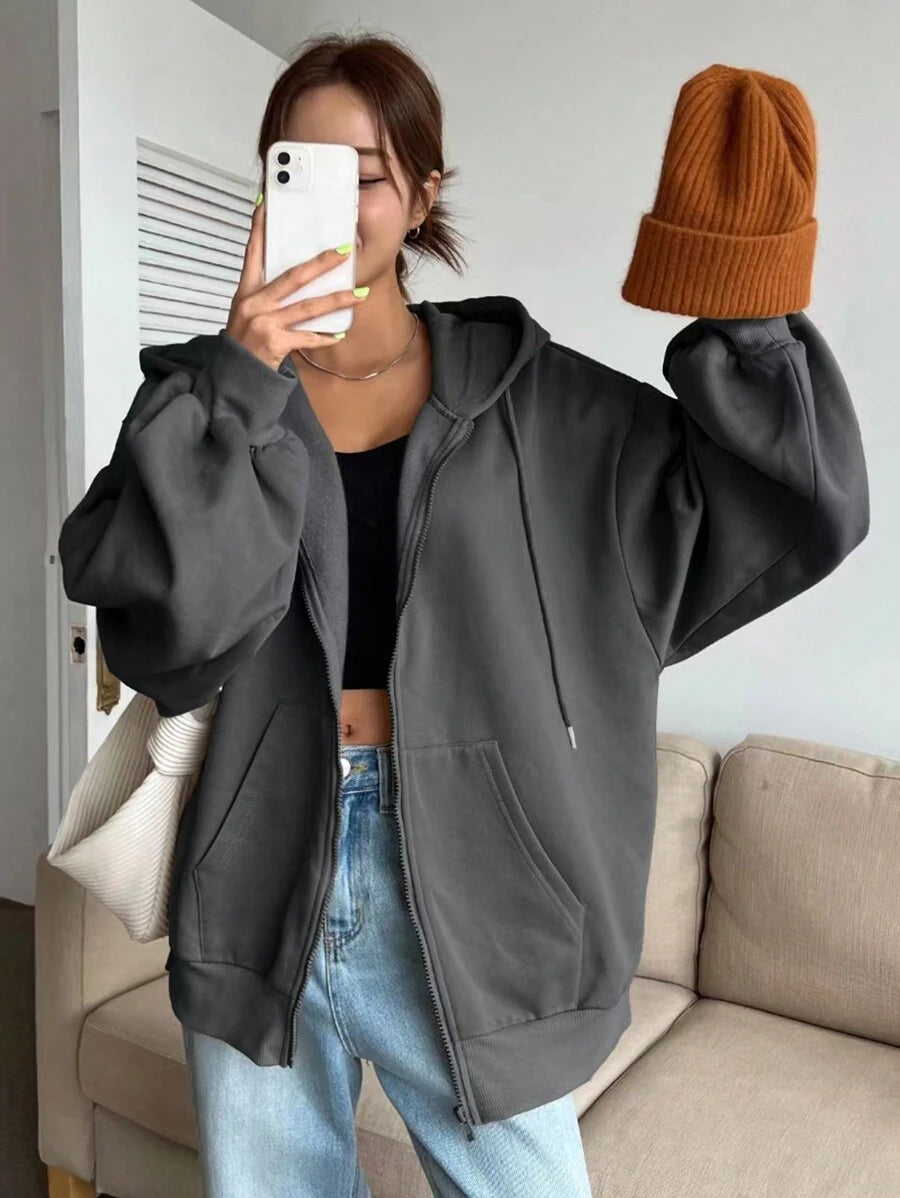 Eleanor Thermal Lined Zip Drawstring Hoodie - Dark Grey