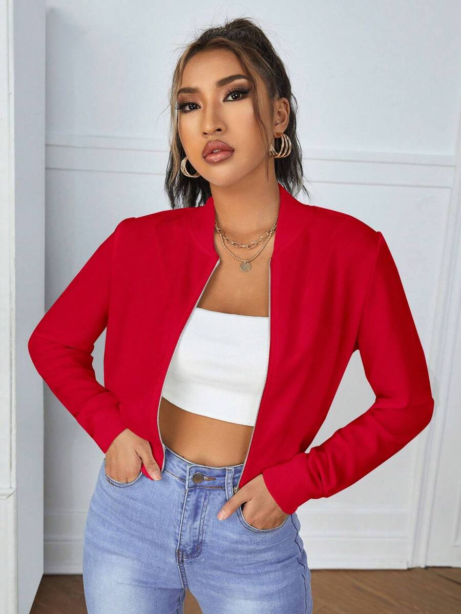 Calliope Zip Up Crop Bomber Jacket - Red