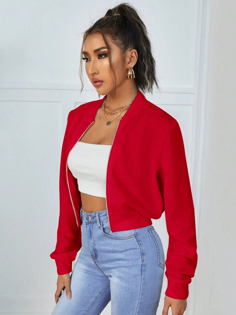 Calliope Zip Up Crop Bomber Jacket - Coffee Brown