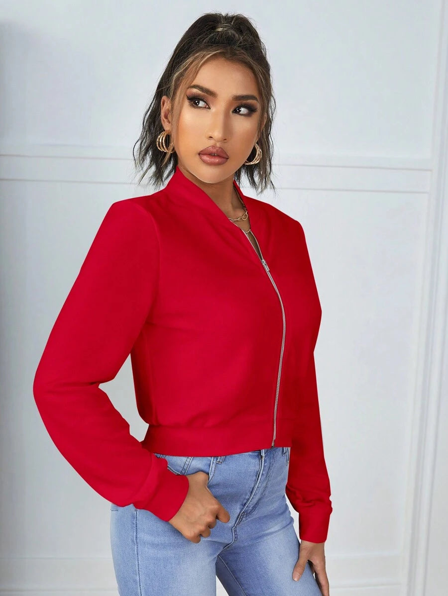 Calliope Zip Up Crop Bomber Jacket - Red