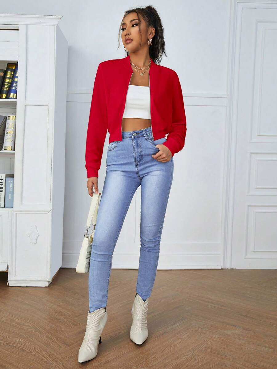 Calliope Zip Up Crop Bomber Jacket - White