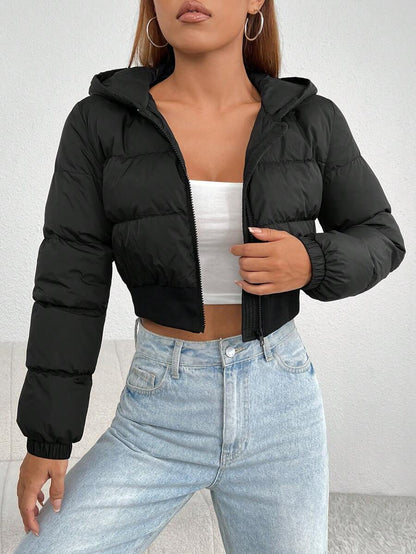 Annika Cropped Hooded Puffer Jacket with Zip Front - Black