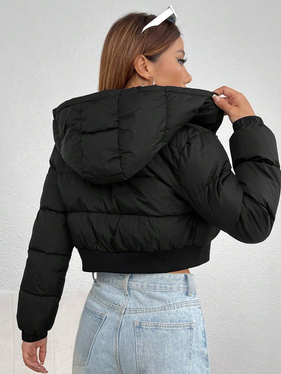 Annika Cropped Hooded Puffer Jacket with Zip Front - Black