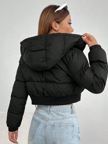 Annika Cropped Hooded Puffer Jacket with Zip Front - Black