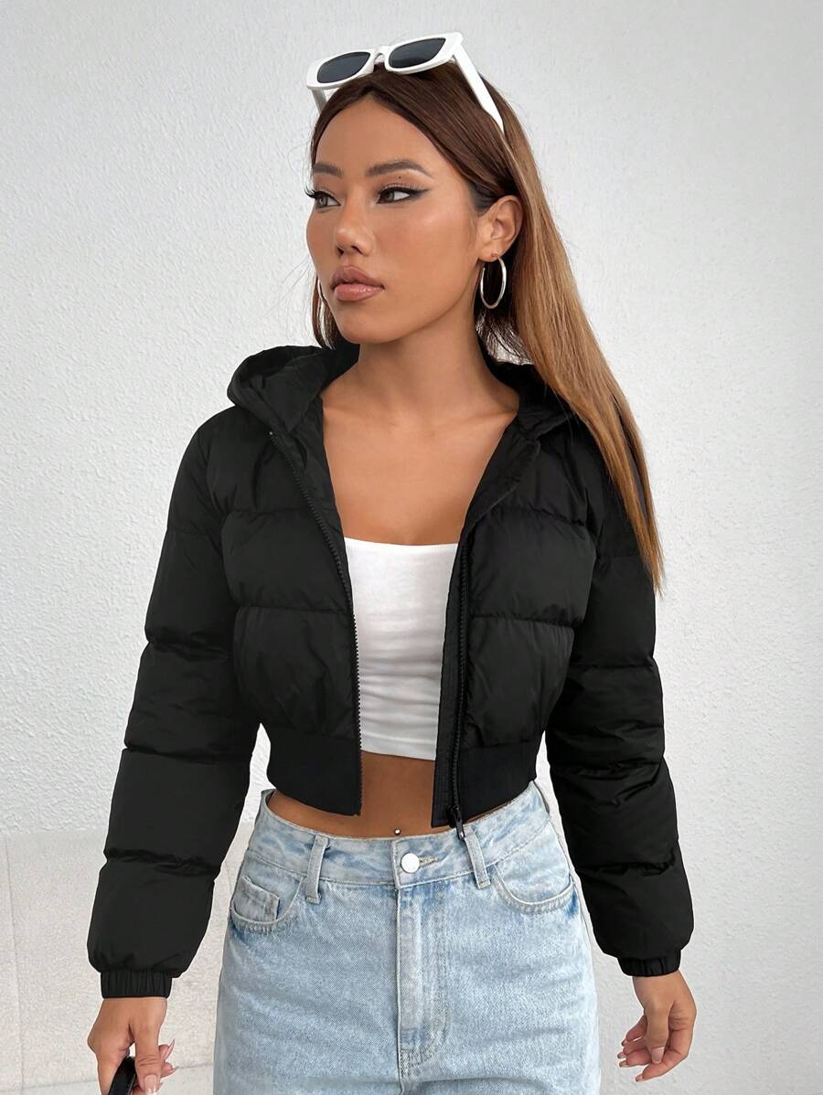 Annika Cropped Hooded Puffer Jacket with Zip Front - Black