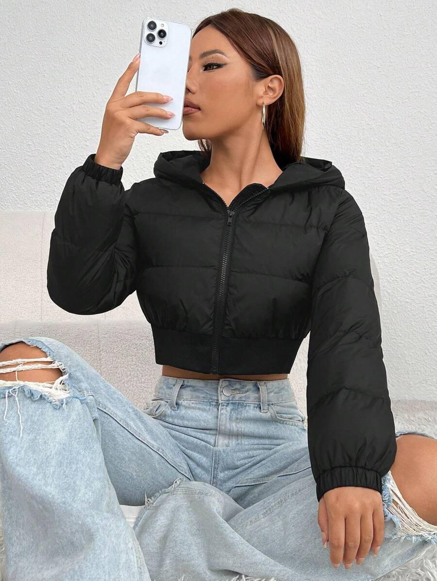 Annika Cropped Hooded Puffer Jacket with Zip Front - Black