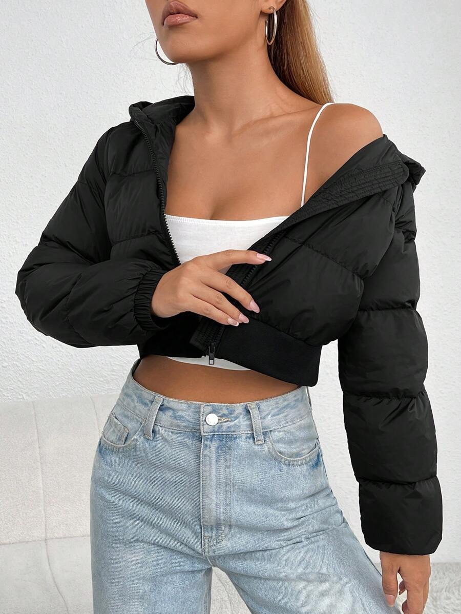 Annika Cropped Hooded Puffer Jacket with Zip Front - Black