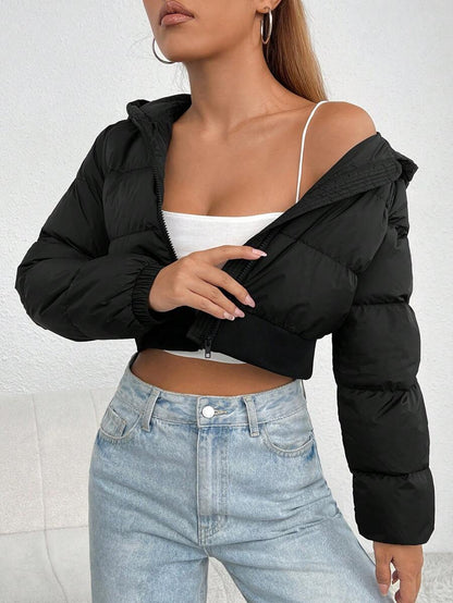 Annika Cropped Hooded Puffer Jacket with Zip Front - Black