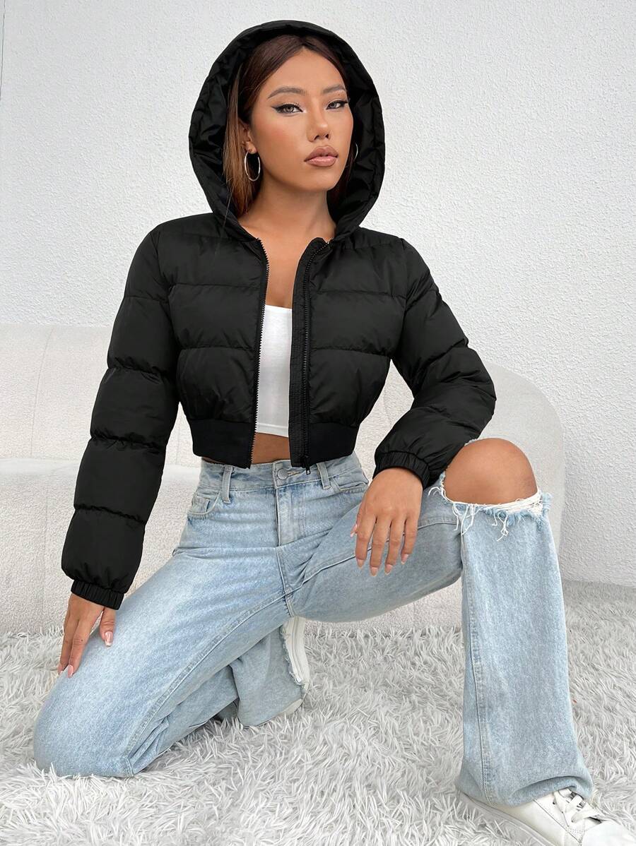 Annika Cropped Hooded Puffer Jacket with Zip Front - Black