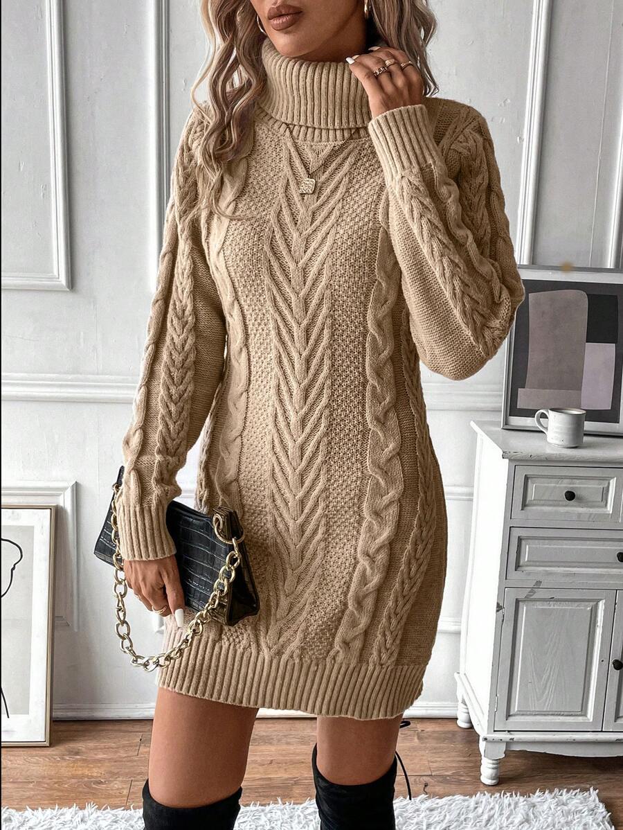 Caroline Cable Knit Turtleneck Fitted Sweater Dress - Camel