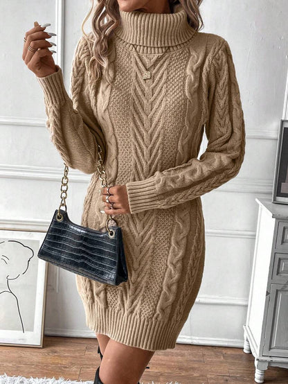 Caroline Cable Knit Turtleneck Fitted Sweater Dress - Camel