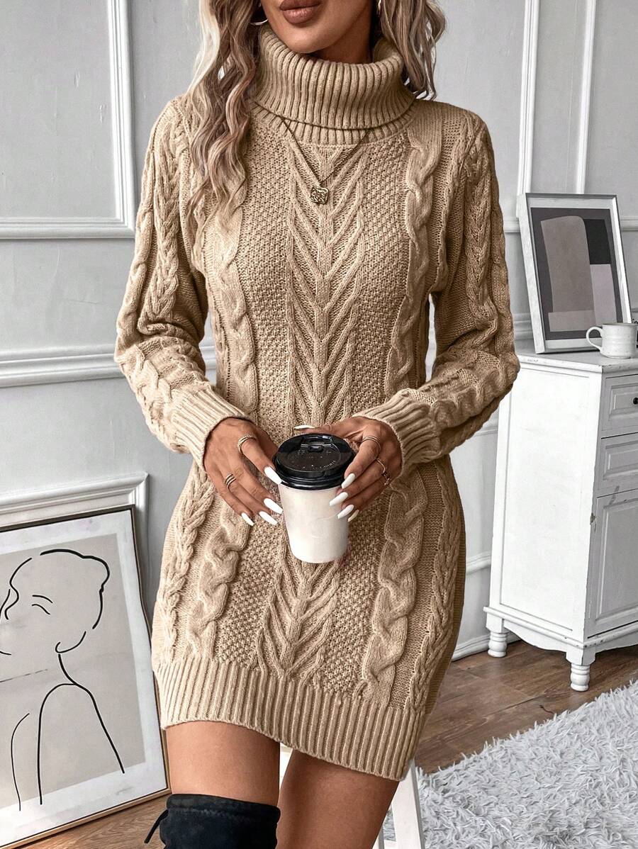 Caroline Cable Knit Turtleneck Fitted Sweater Dress - Camel