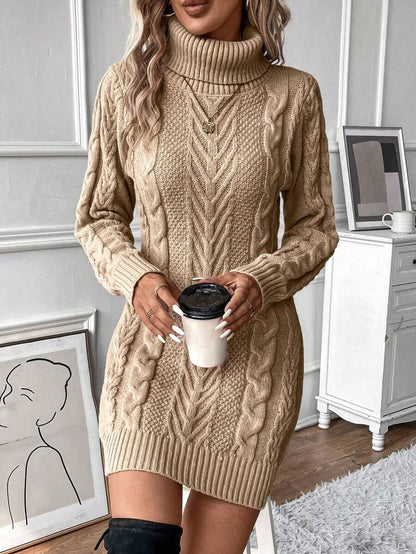 Caroline Cable Knit Turtleneck Fitted Sweater Dress - Camel