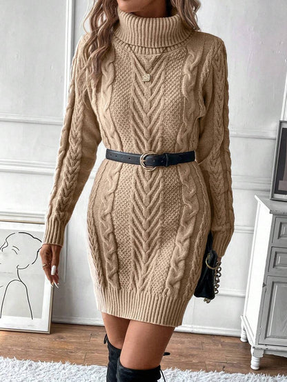 Caroline Cable Knit Turtleneck Fitted Sweater Dress - Camel