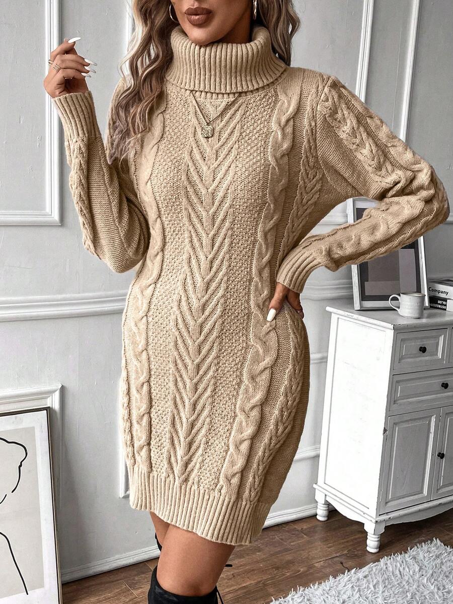 Caroline Cable Knit Turtleneck Fitted Sweater Dress - Camel