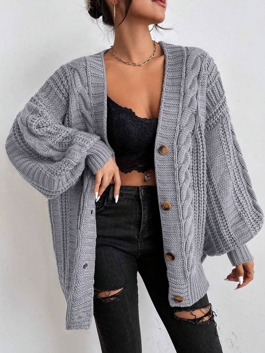 Adelaide Cable Knit Bishop Sleeve Cardigan - Grey