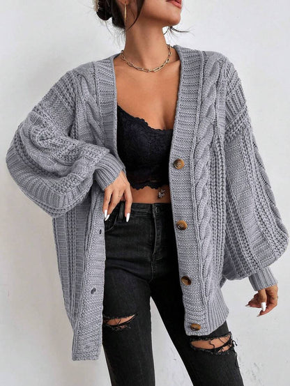 Adelaide Cable Knit Bishop Sleeve Cardigan - Grey