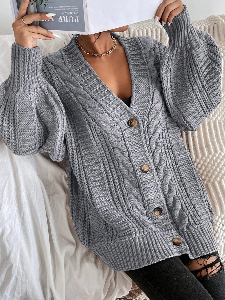 Adelaide Cable Knit Bishop Sleeve Cardigan - Beige