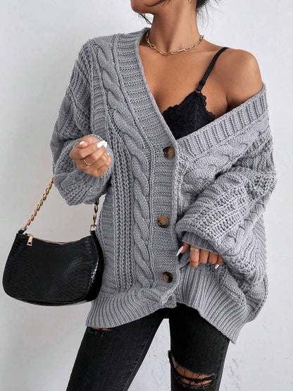 Adelaide Cable Knit Bishop Sleeve Cardigan - Black and White