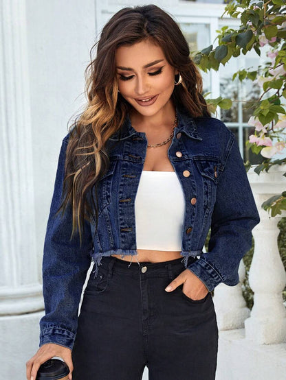 Bianca Crop Flap Pocket Frayed Denim Jacket - Medium Wash
