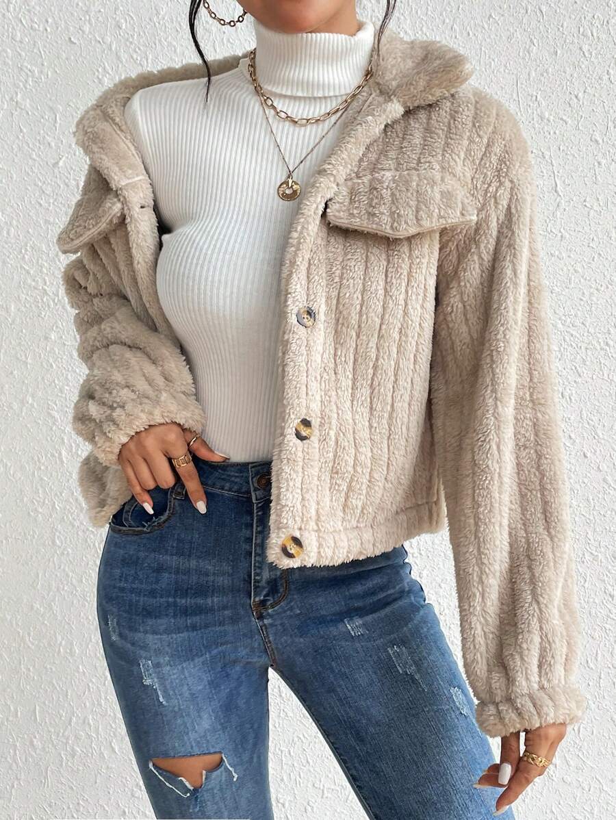 Fiona Flap Detail Fluffy Jacket - Apricot