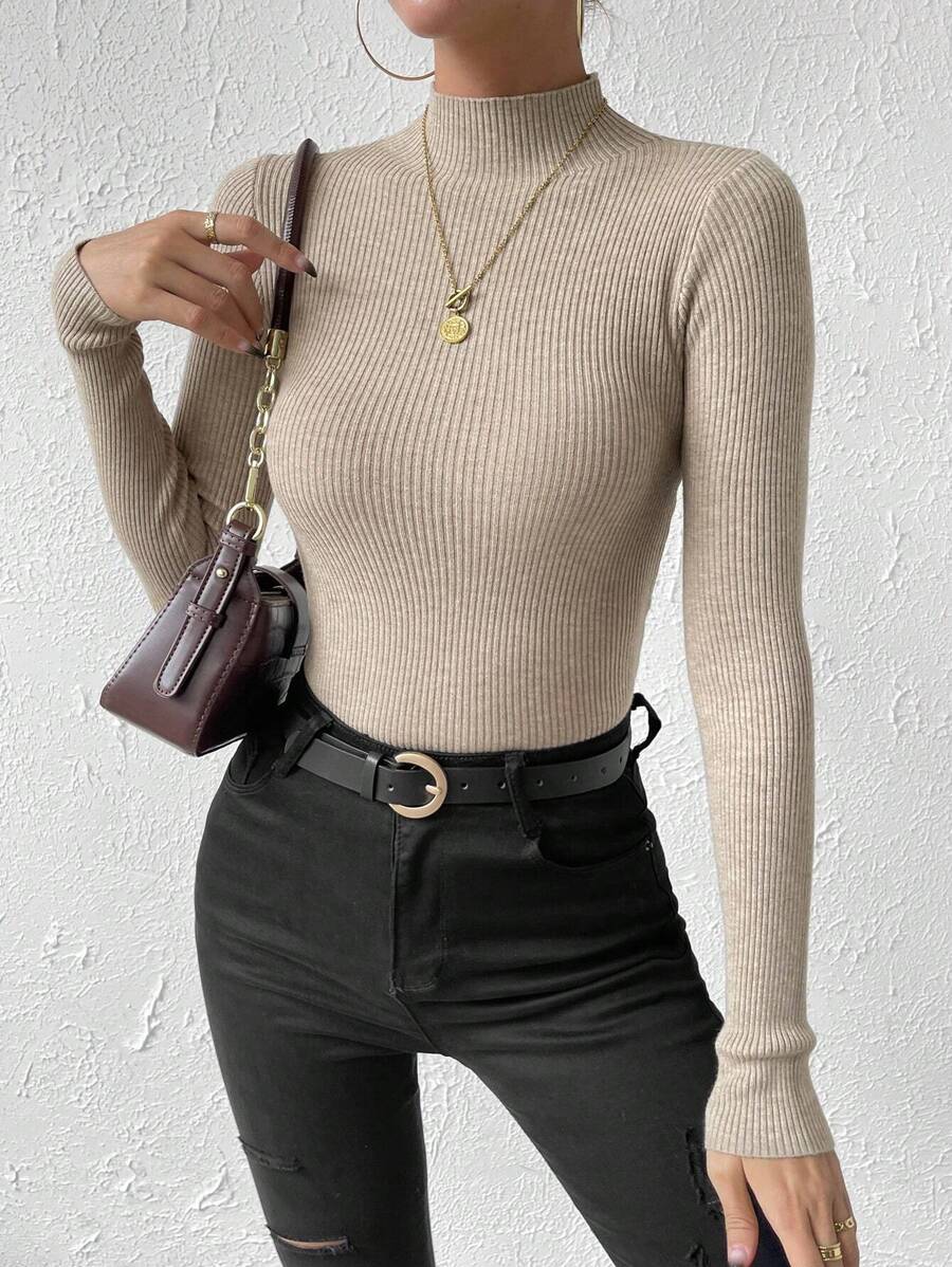 Verity Slim Ribbed Mock Neck Sweater Long Sleeve Pullover - Almond