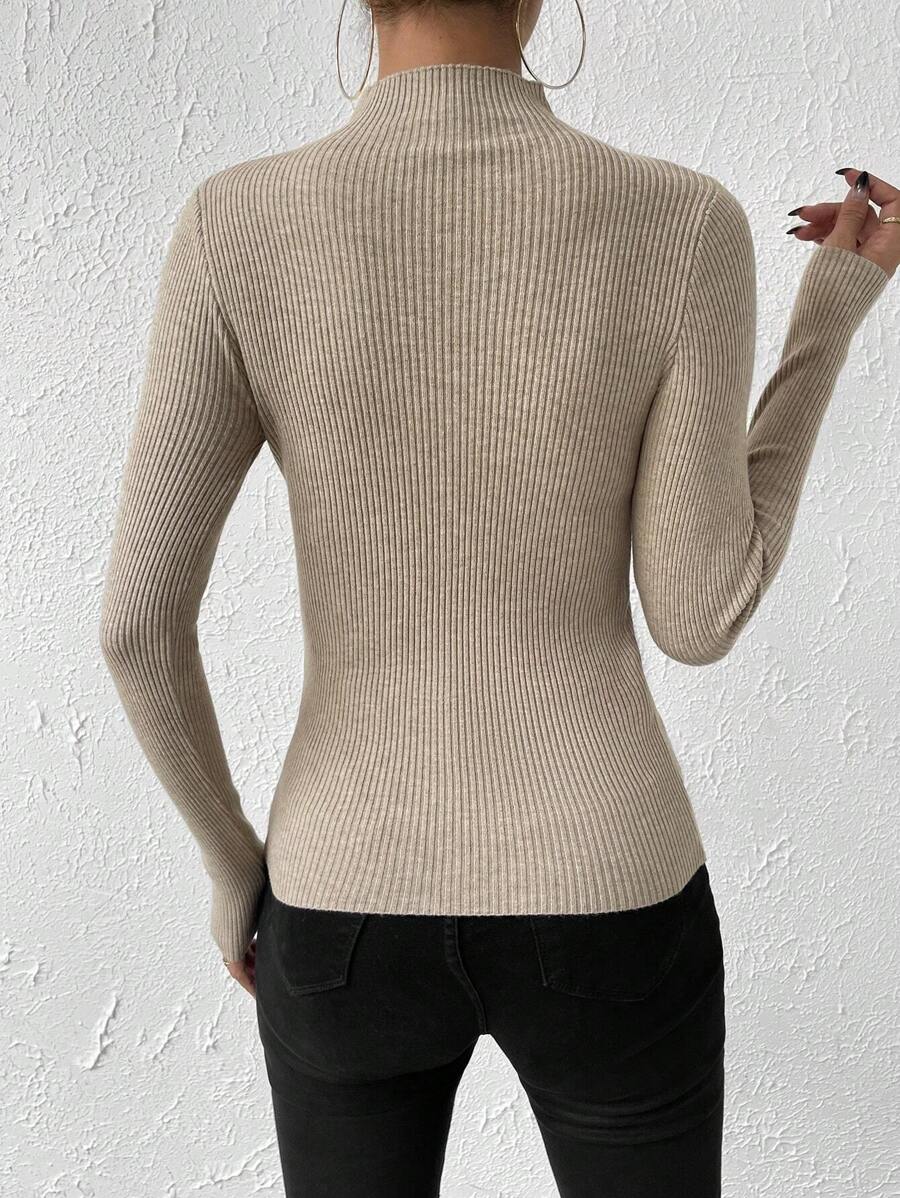Verity Slim Ribbed Mock Neck Sweater Long Sleeve Pullover - Almond