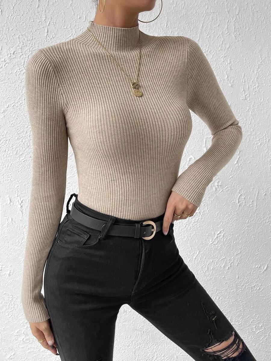 Verity Slim Ribbed Mock Neck Sweater Long Sleeve Pullover - Almond