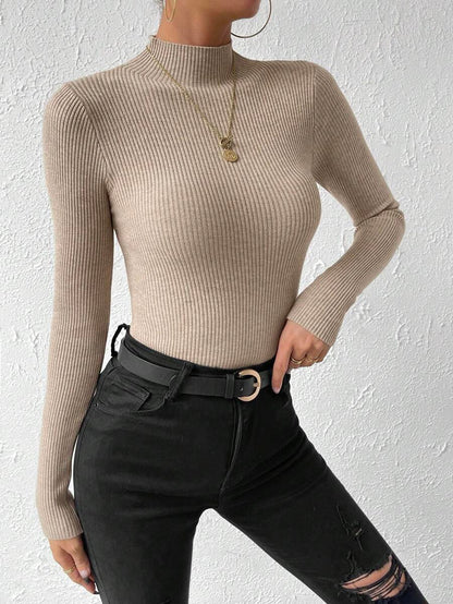 Verity Slim Ribbed Mock Neck Sweater Long Sleeve Pullover - Almond
