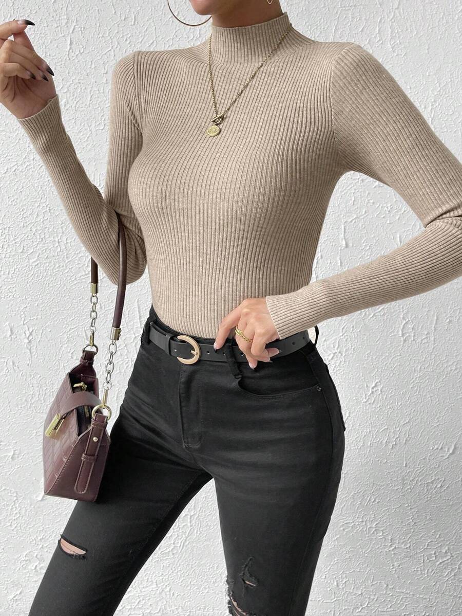 Verity Slim Ribbed Mock Neck Sweater Long Sleeve Pullover - Almond