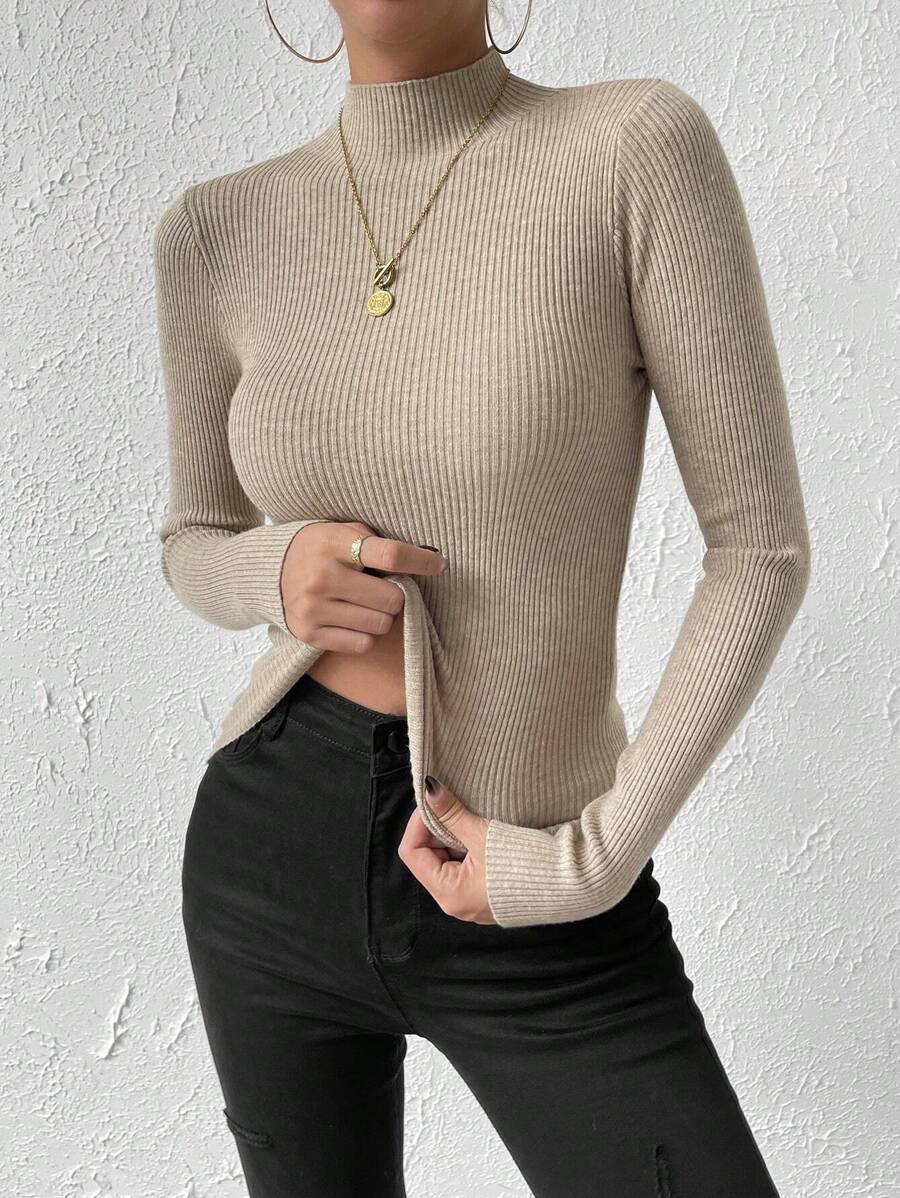 Verity Slim Ribbed Mock Neck Sweater Long Sleeve Pullover - Almond