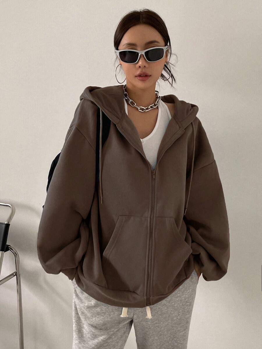 Eleanor Thermal Lined Zip Drawstring Hoodie - Coffee Brown