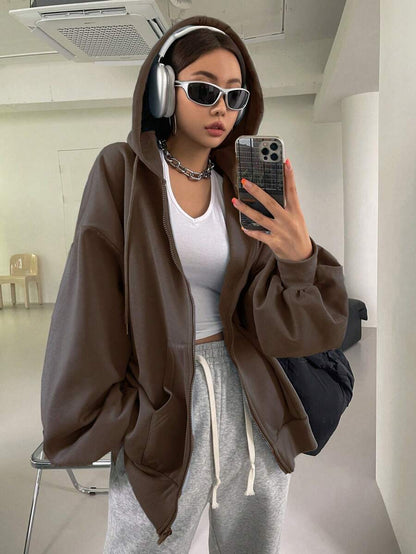 Eleanor Thermal Lined Zip Drawstring Hoodie - Mocha Brown
