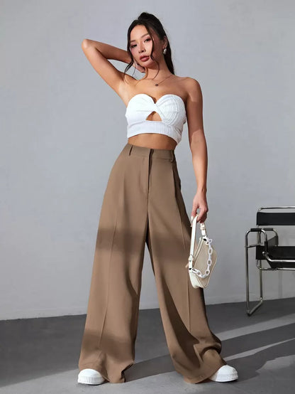 Carlotta High Waisted Straight Leg Trousers with Zip Fly - Black