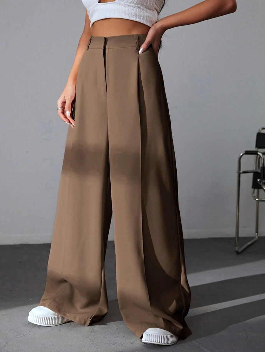 Carlotta High Waisted Straight Leg Trousers with Zip Fly - Black