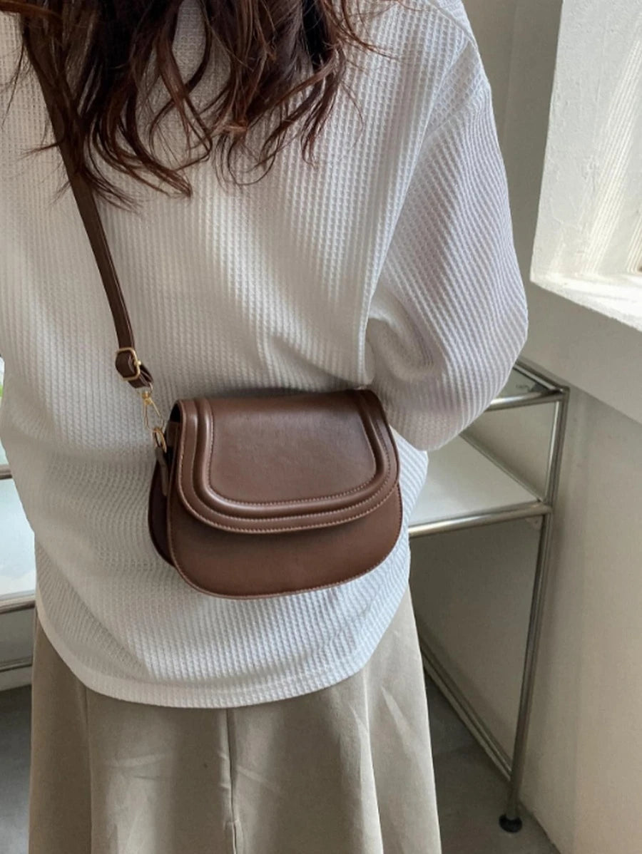 Women's Small Saddle Crossbody Bag, Faux Leather Flap Shoulder Purse with Adjustable Strap